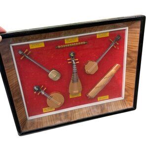 Framed Miniature Chinese Musical Instruments Display With Red Velvet Backing